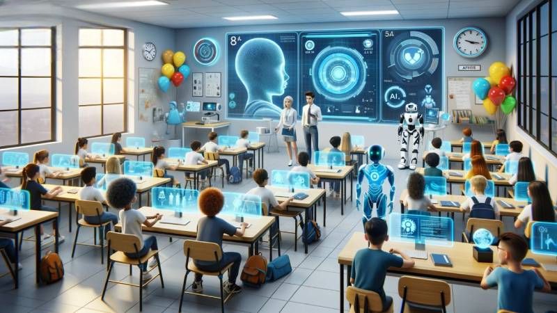 Yapay zekayla yapılmış bir görsel, ilkokul çocukları, tahta yerinde dev bir bilgisayar var bir kadın bir erkek öğretmen onun üzerinde açıklamalarda bulunuyorlar, sınıfta gezen iki de robot görünüyor