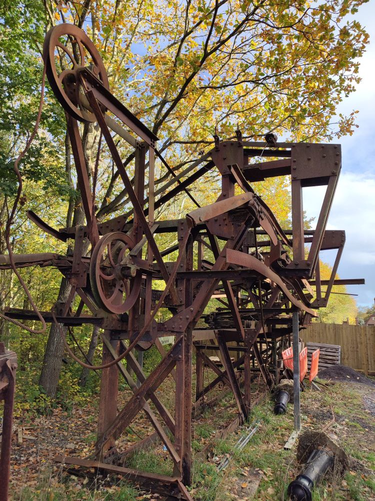 Big gorgeous rusty metal thing outside. It's part of the cable car type system used to convey buckets of bricks across from the works to the goods out area. Like the thing that tipped the waste out at sea in Get Carter.
