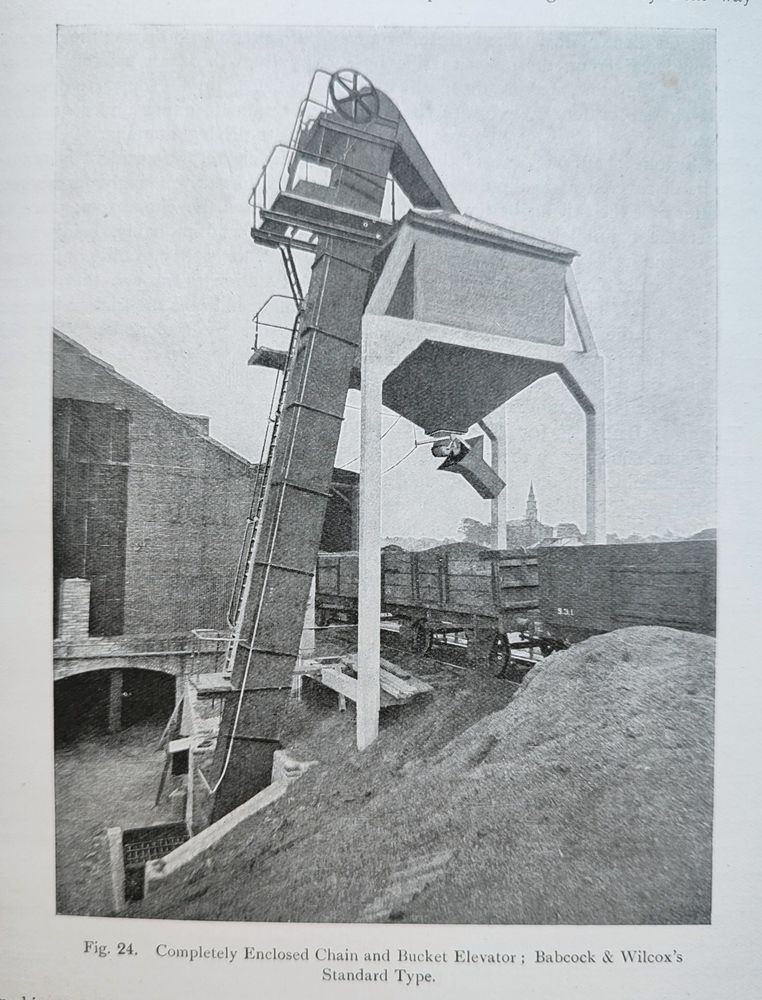 Black & white photo with the following caption:

"Fig. 24. Completely Enclosed Chain and Bucket Elevator; Babcock & Wilcox's Standard Type."