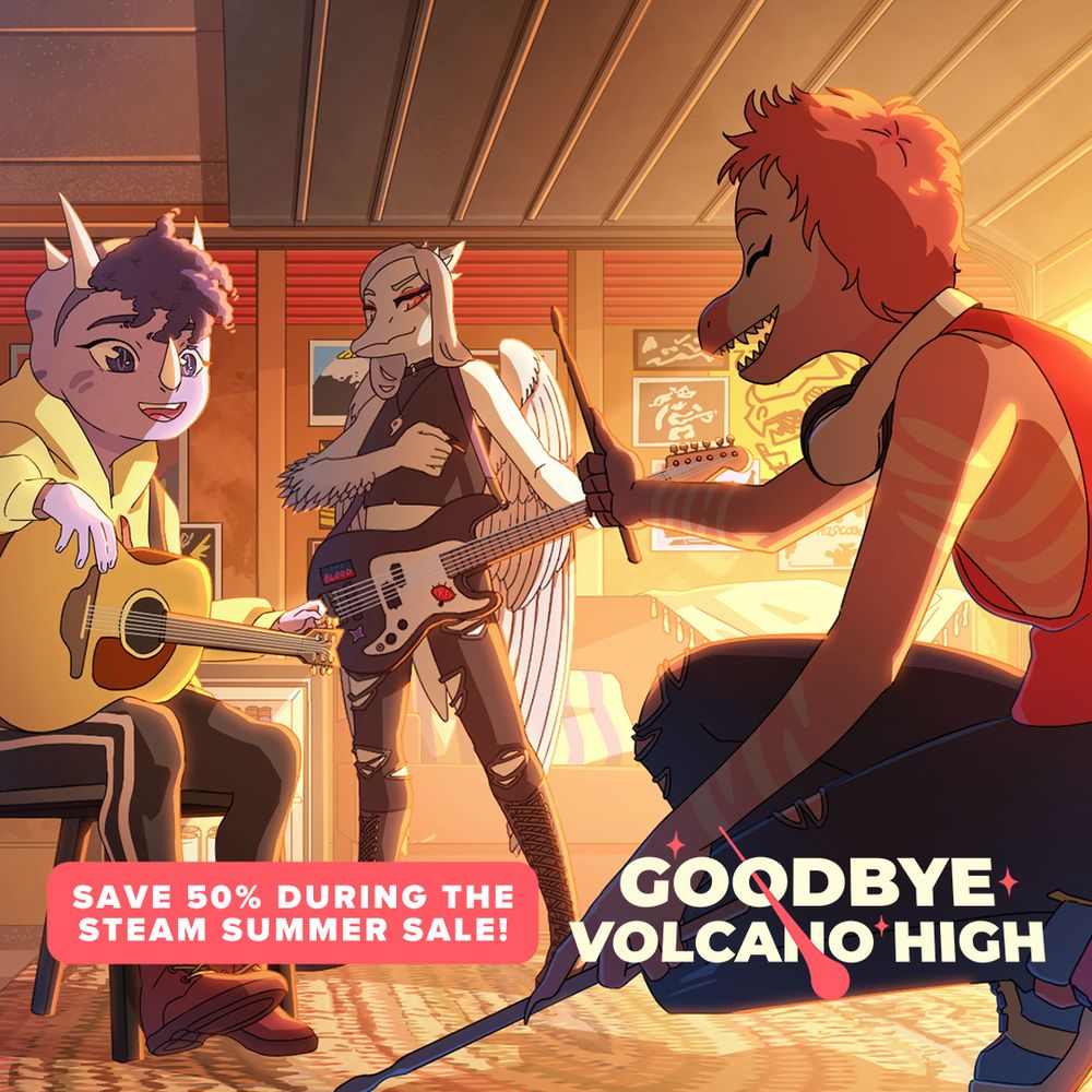 Trish, a purple triceratops, Fang, a gray pterosaur, and Reed, a coral velociraptor, in a garage, having band practice. Text against a pink background in the bottom left reads: Save 50% During the Steam Summer Sale! Our logo for Goodbye Volcano High is in the bottom right corner.