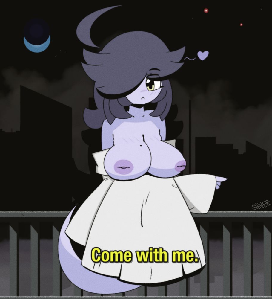 blue-purple-ish ghost girl at a pier with a city in the background, pointing to her left (our right! wow) either attempting to seduce you or possess you (god i sure hope it's the former!!)
"Come with me."