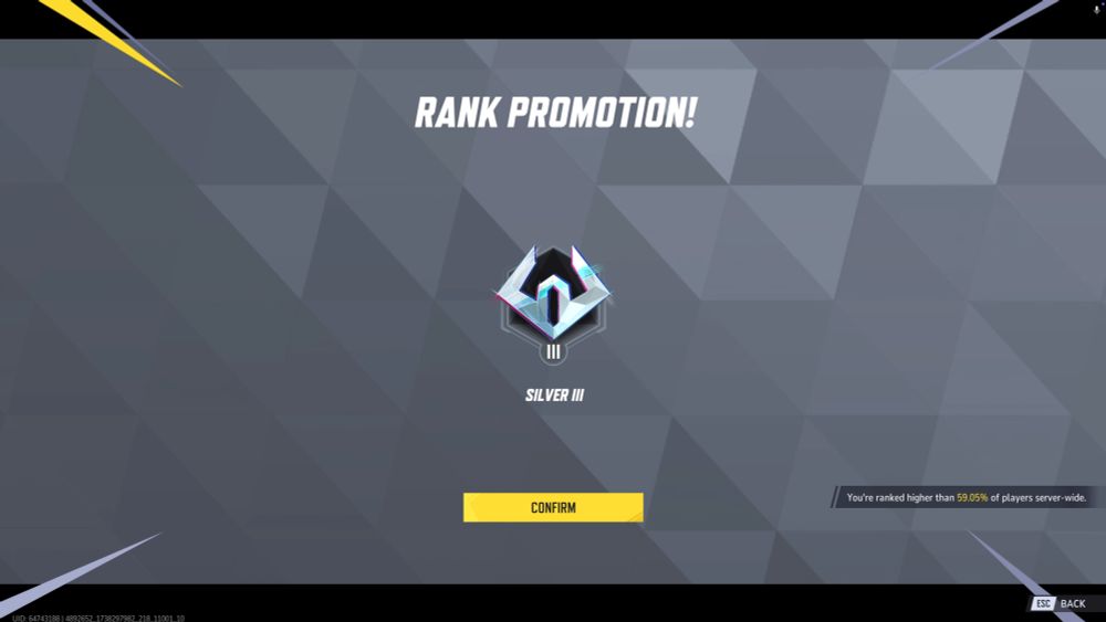 Marvel Rivals screen, with RANK PROMOTION at the top, with a Silver 3 badge beneath it.