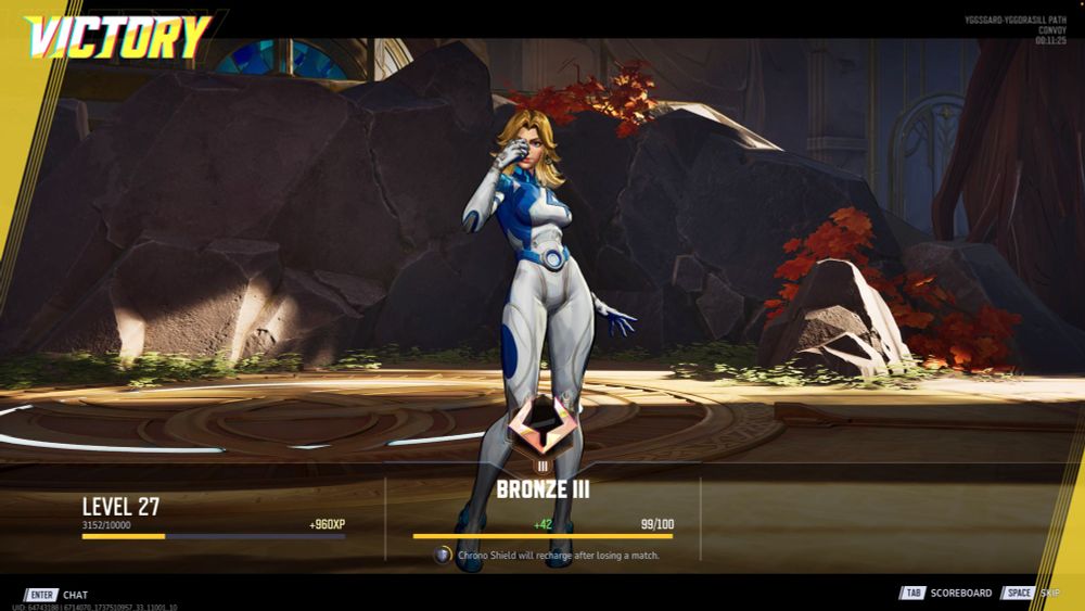 Invisible Woman from Marvel Rivals poses while my Bronze 3 score of 99/100 is shown...meaning I'm still in Bronze 3