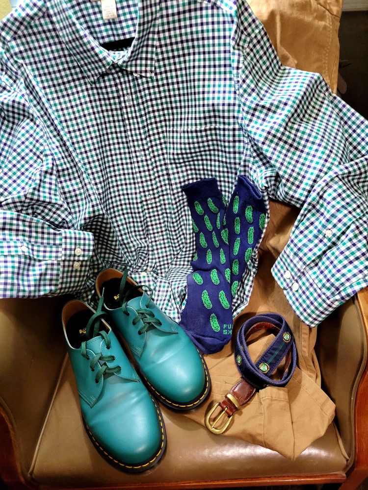 tomorrow's outfit of the day: navy and green on white gingham check button-down shirt, caramel trousers, green doc marten 3-eye oxfords, cotton web belt with decorative top-stitched ribbon, and navy socks with green pickles.