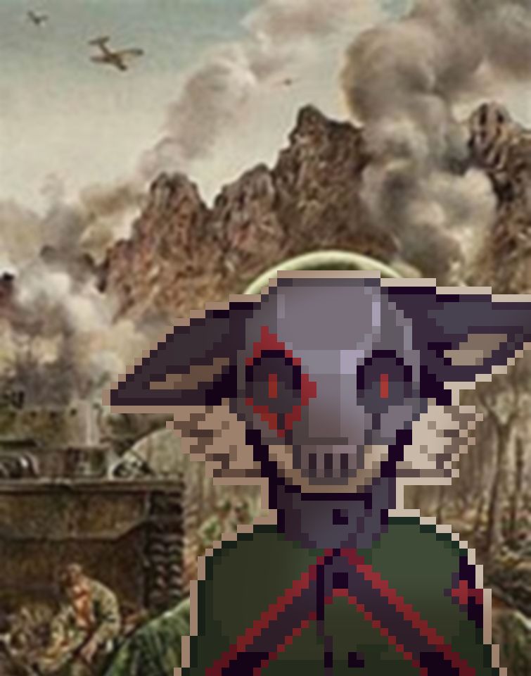 A pixel drawing of the thousand yard stare with an anthropomorphic fox wearing a helmet.