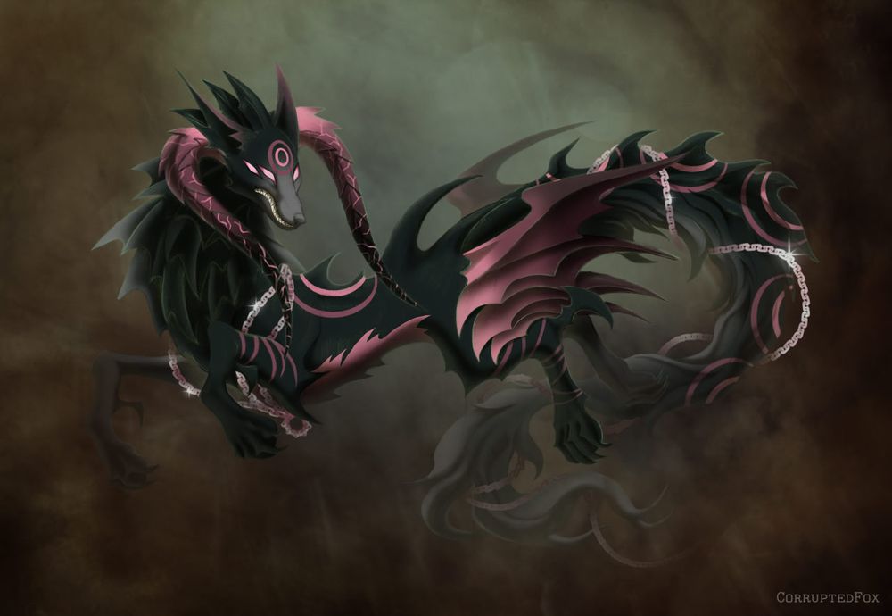 A drawing of a hellhound with big horns and a chain wrapped around their body. Digitally drawn.