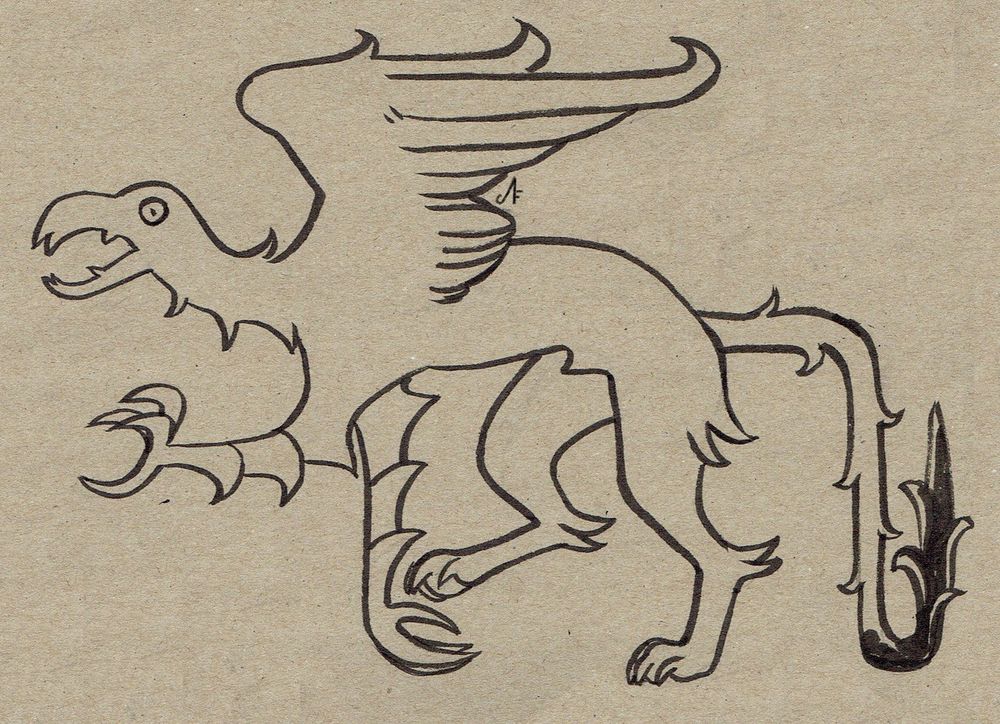Line art of a griffin drawn on brown paper.
