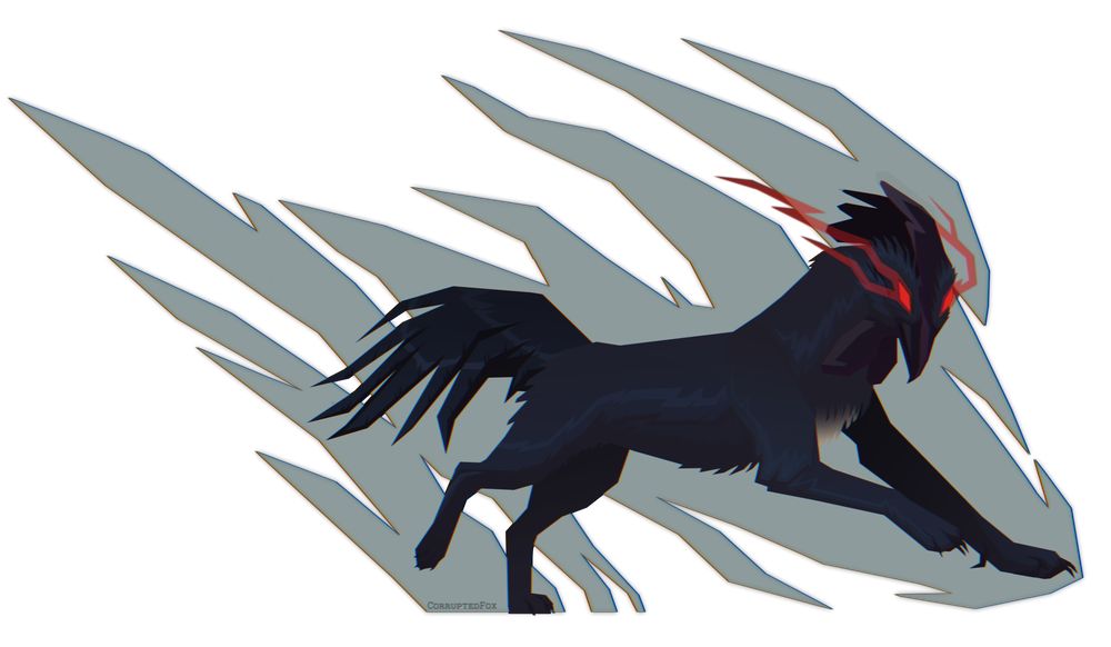 A black canine with a rooster head and tail running. Their eyes are red and glowing. Digitally drawn with lasso tool.