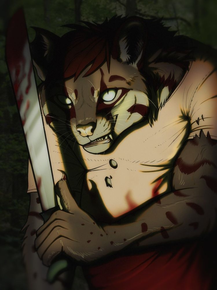 A digital drawing of an anthropomorphic ocelot holding a machete. The knife and some part of his shirt are covered in blood. They are grinning at a viewer off set from the camera view.