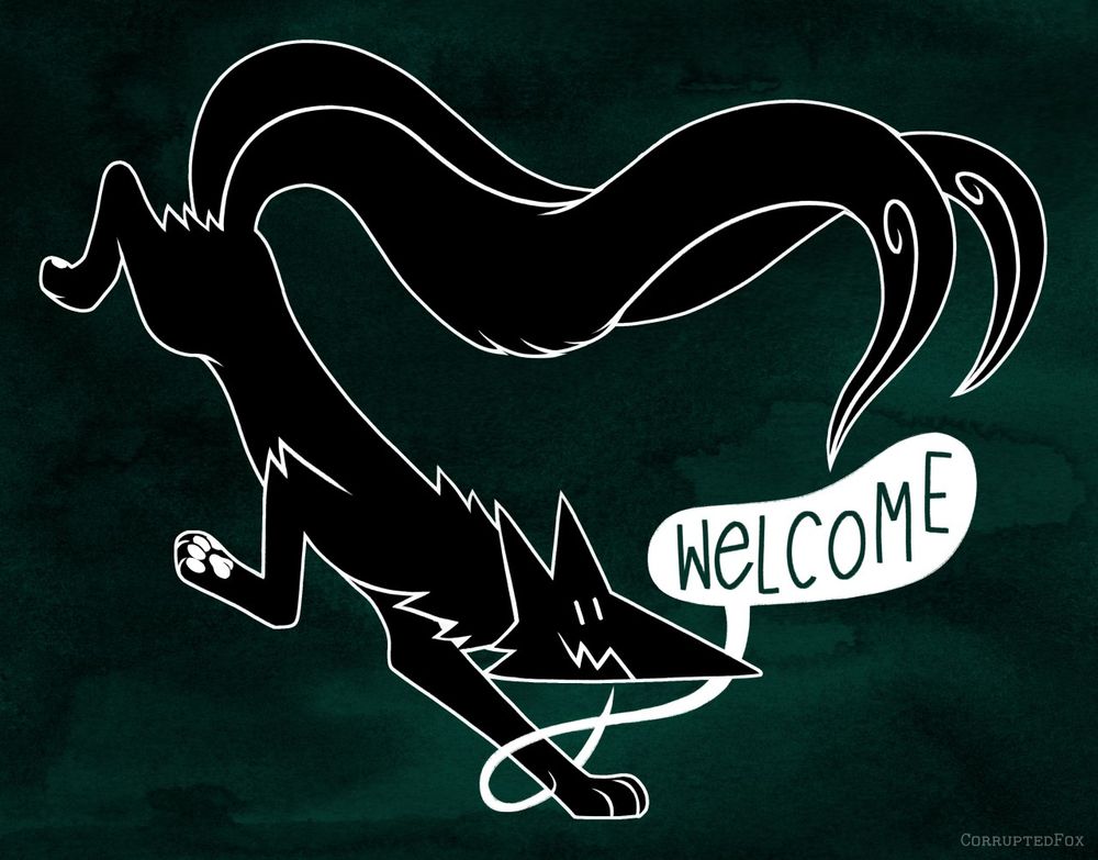 A black fox with two tails doing a heart shape with their body. There is a speech bubble saying "WELCOME". Digitally drawn.