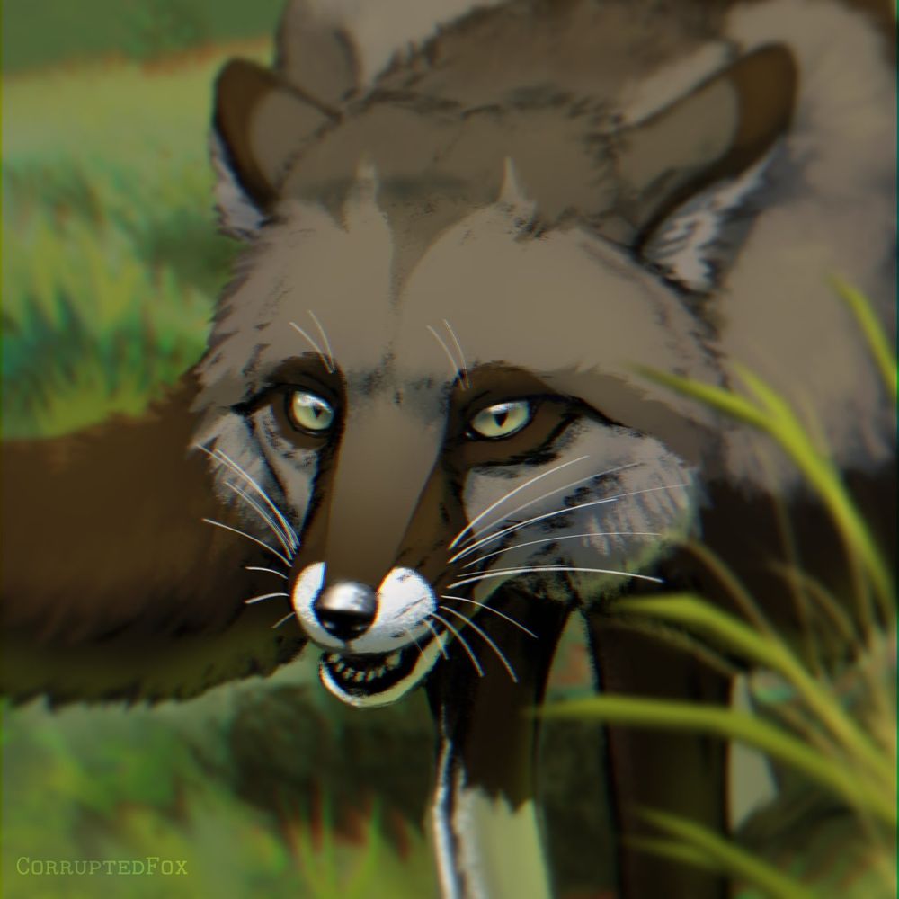 A feral brown fox between grass. It looks like she is smiling at the viewer. Digitally drawn.