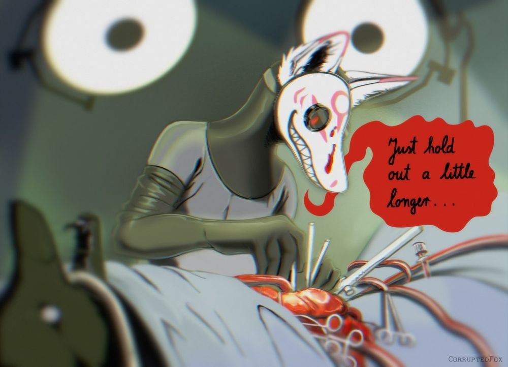 A masked anthropomorphic kitsune performing surgery on an unknown character. Digitally drawn.