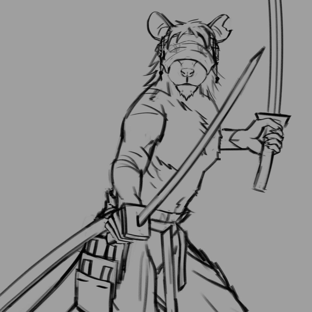 Digital sketch of an anthropomorphic rat holding to samurai swords.