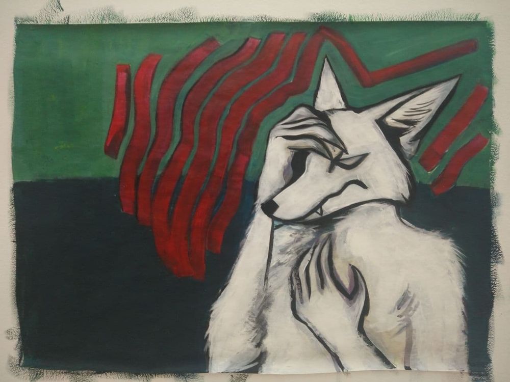 A bust of a white anthropomorphic fox. They are holding a paw up to their forehead and the other on the chest. The background is two green tones. There are red lines surrounding the foxe's head.