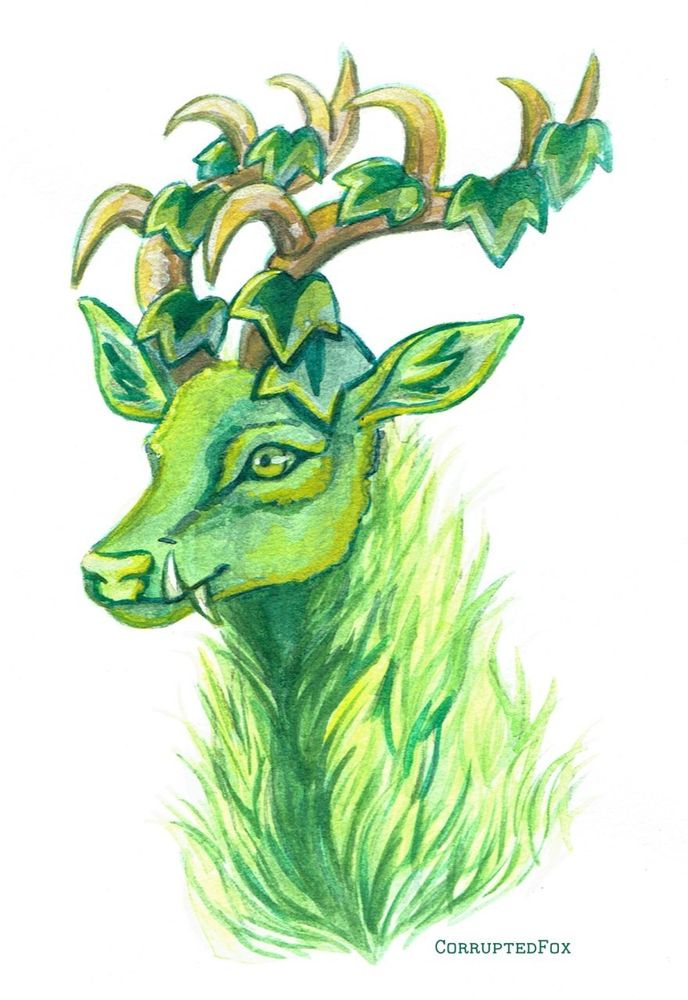 A bust of a stag like creature with grass and moss growing over them. They have poison ivy on their antlers. Traditionally drawn.