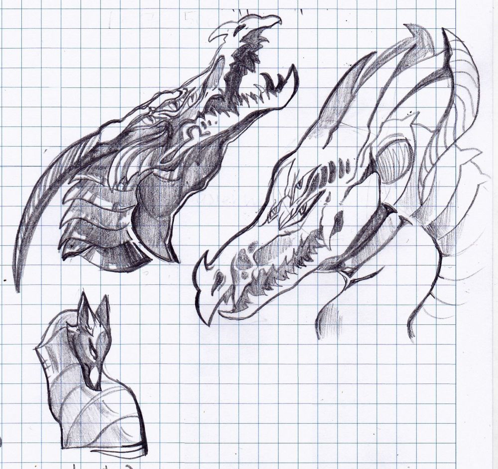 Two pencil sketches of dragons and one half body of a feral fox.