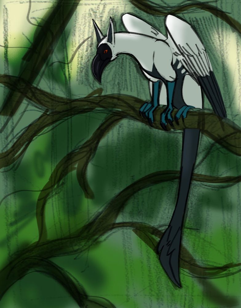 A white griffin with a black face and a long dark tail sitting on a branch in the jungle. Digitally drawn.