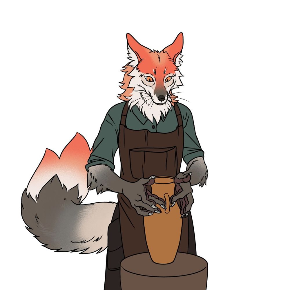 An anthropomorphic fox making pottery. The background is white. Digitally drawn.