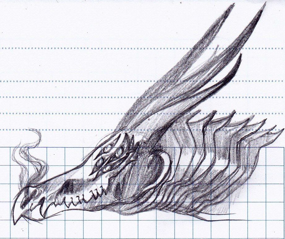 Pencil sketch of a dragon head.