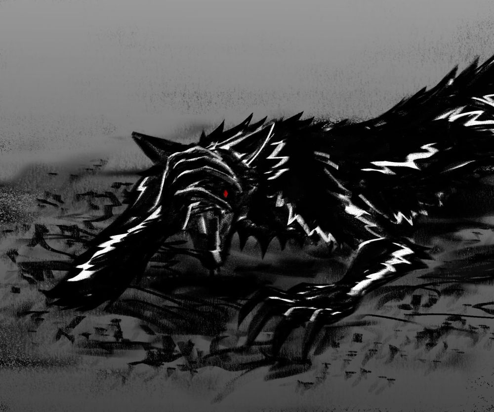 A black anthropomorphic fox laying on the floor. Digitally drawn.