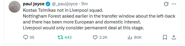 Kostas Tsimikas not in Liverpool squad. 
Nottingham Forest asked earlier in the transfer window about the left-back and there has been more European and domestic interest. 
Liverpool would only consider permanent deal at this stage.
