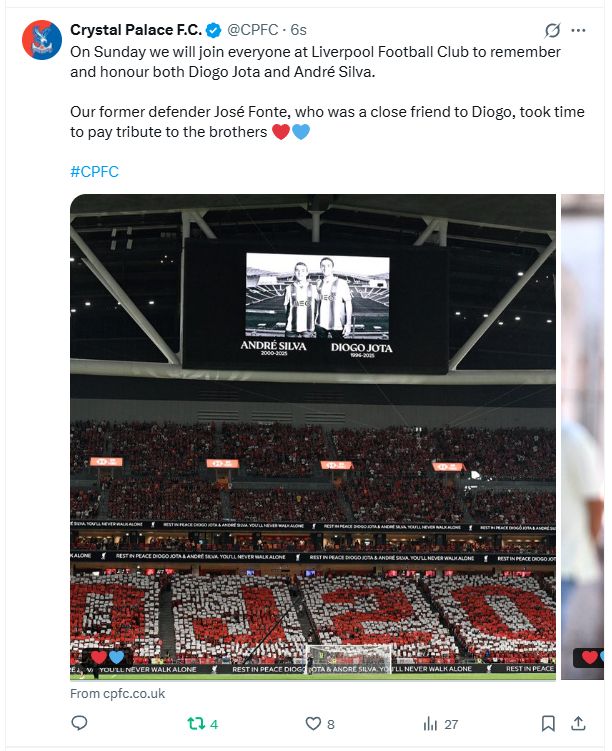 On Sunday we will join everyone at Liverpool Football Club to remember and honour both Diogo Jota and André Silva.

Our former defender José Fonte, who was a close friend to Diogo, took time to pay tribute to the brothers ❤️💙

#CPFC