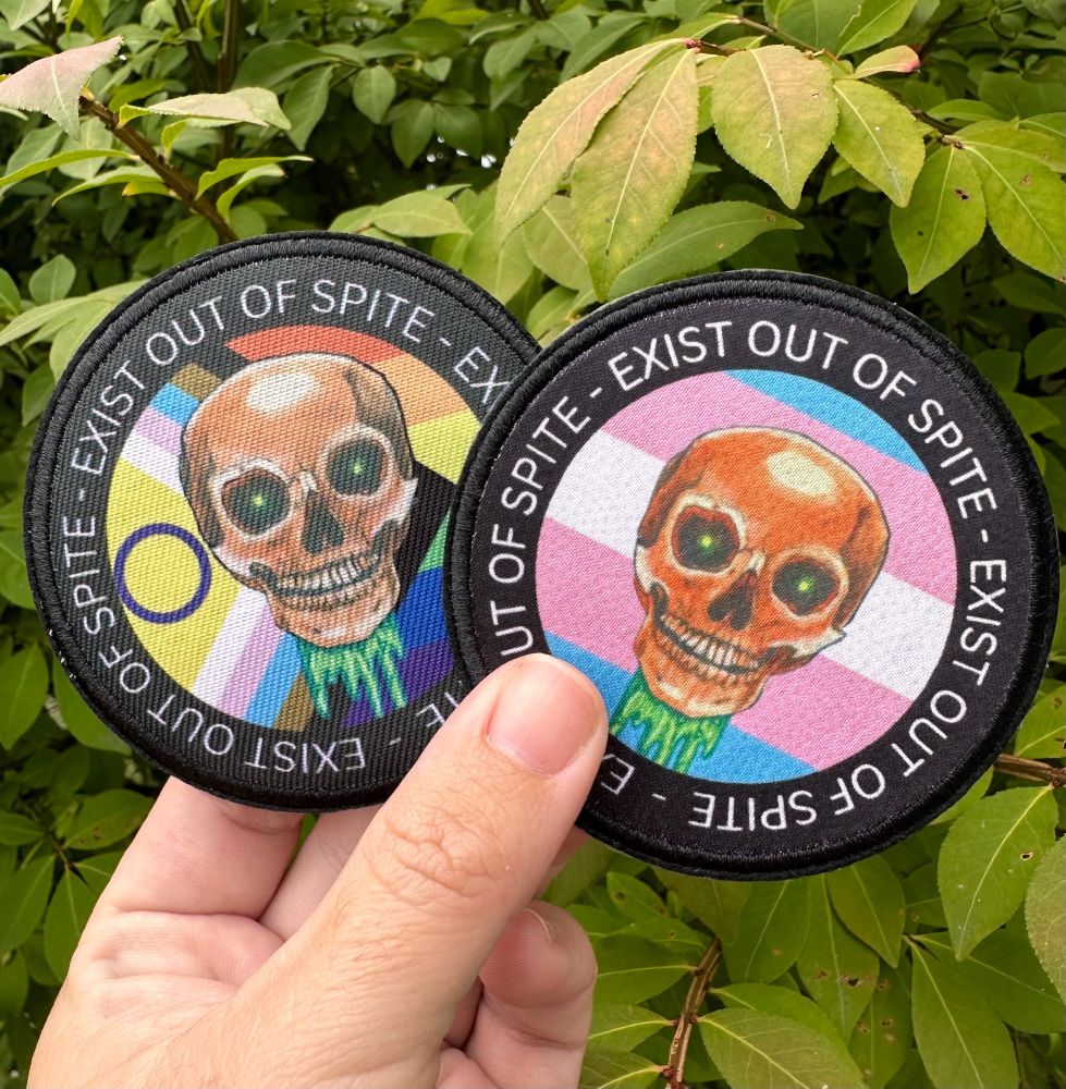 Exist out of spite iron on patches, one with the transgender flag, one with the rainbow flag.