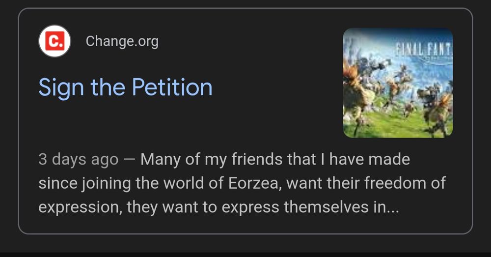 A change.org petition notification that starts to read: many of my friends that I have made since joining the world of Eorzea, want their freedom of expression, they want to express themselves in....