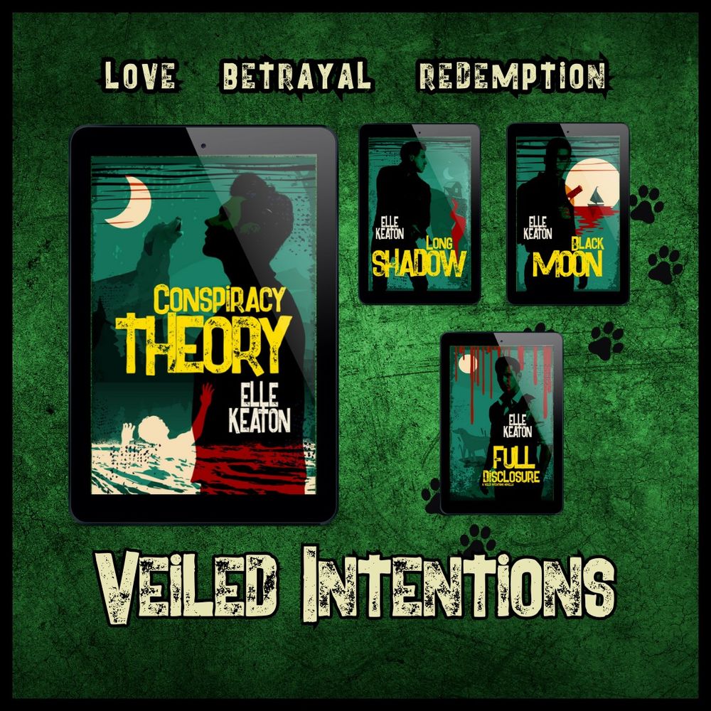 The four Veiled Intentions book covers in all their glory. Conspiracy Theory. Long Shadow, Black Moon, Full Disclosure. Read them if you like moody and broody slow burn 🏳️‍🌈 and mystery. The dog doesn't die at the end, I promise.