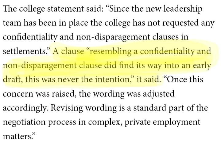 Part of a Church Times article about Oak Hill college, which reads: The college statement said: "Since the new leadership team has been in place the college has not requested any confidentiality and non-disparagement clauses in settlements". (My emphasis on the next sentence) A clause "resembling a confidentiality and non-disparagement clause did find its way into an early draft, this was never the intention" it said. "Once this concern was raised, the wording was adjusted accordingly. Revising wording is a standard part of the negotiation process in complex, private employment matters."