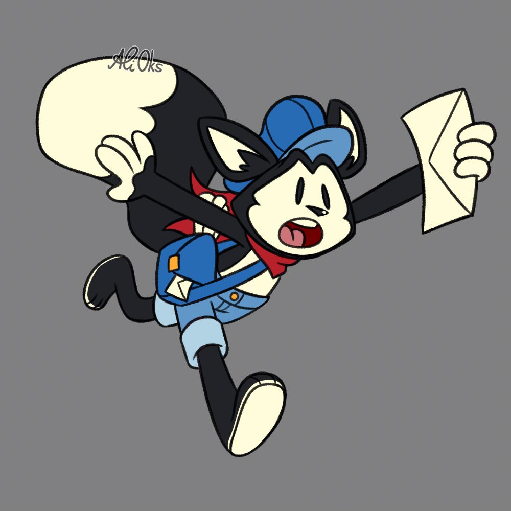 A digital drawing of Freddy - a squirrel-looking with black and white fur. He's dressed like a postman, with a bag of letters hanging on his shoulder. He's running forward with a letter in his hand.