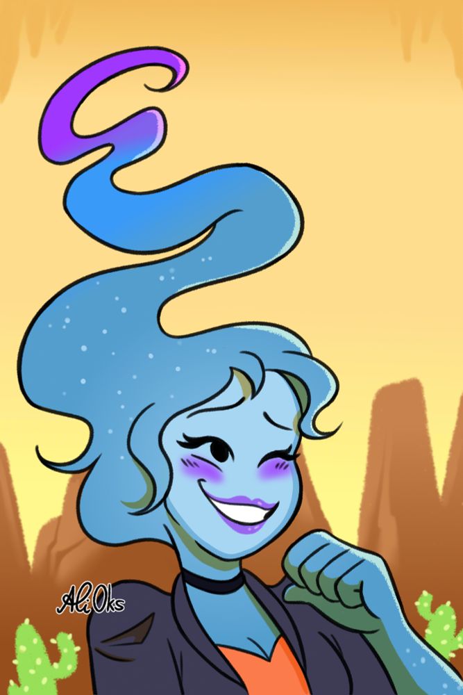 A digital drawing of Celeste - a beautiful female monster with her head shaped like a comet. She's in the Dunes, wearing her hangout clothes and smiling.