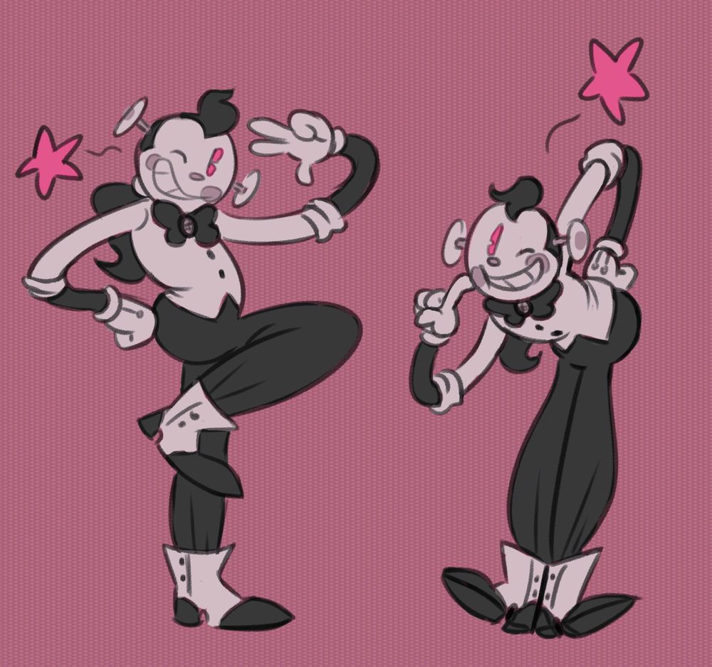 A digital skecth of our cartoony personas making silly poses and winking at the viewer with goofy smiles.