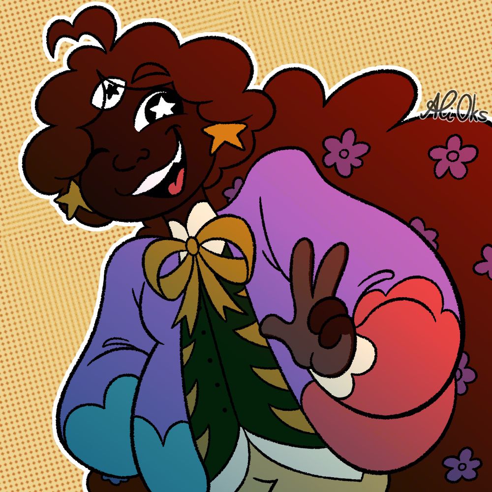 A digital drawing of Stella - a black girl with dark brown curly hair, a star-shaped highlight in her left eye and a third eye at her forehead. She's winking cheerfully at the viewer. The girl is wearing star-shaped earrings, small purple flowers in her hair, a big puffy bow on her neck, a white shirt, a green vest with a warm puffy purple, pink and teal jacket on top. She's showing a peace sign.