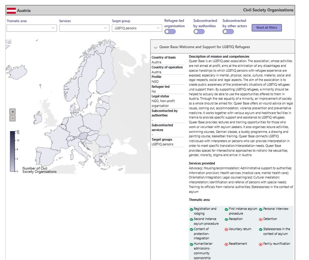 Screenshot of the Who is Who EUAA website, with the filter "target group - LGBTIQ persons". The only NGO on the map is Queer Base. 