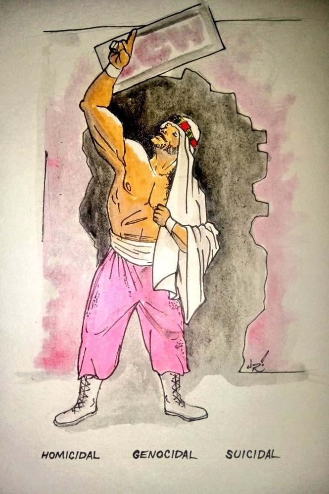 Water color art of Sabu pointing at the sky with the word Homicidal, Genocidal, and Suicidal under his feet by JRock 