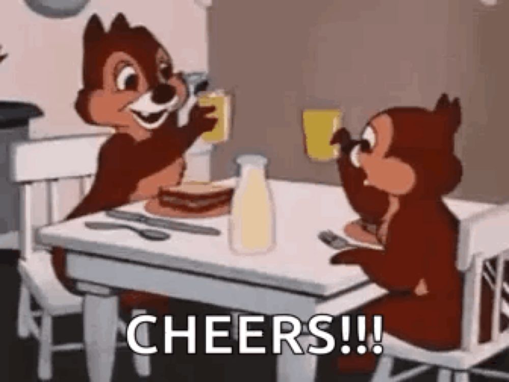 two cartoon squirrels are sitting at a table drinking milk and toast .