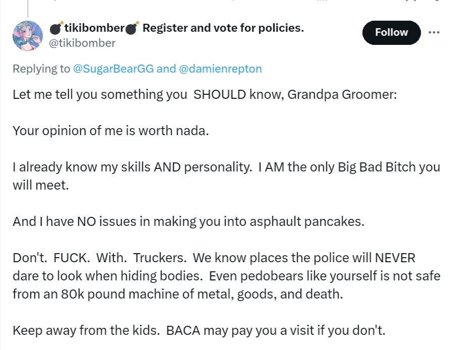 Screenshot where threatens to run person over & make them an "asphalt pancake", know places police won't find body