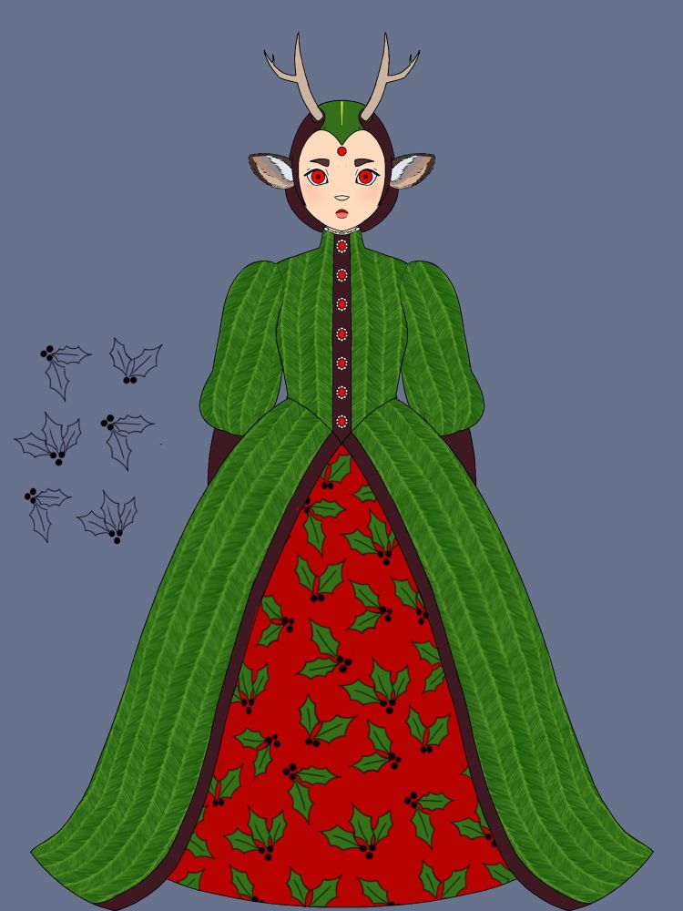 A drawing of a deer lady in historical inspired clothing 
