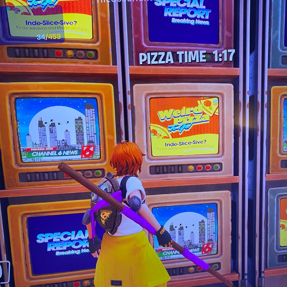 Fortnite screenshot of my April O'Neil skin in a TMNT branded level watching Channel 6 news