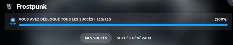 Screenshot of a steam page of achievements on Frostpunk game in French showing all successes accomplished
