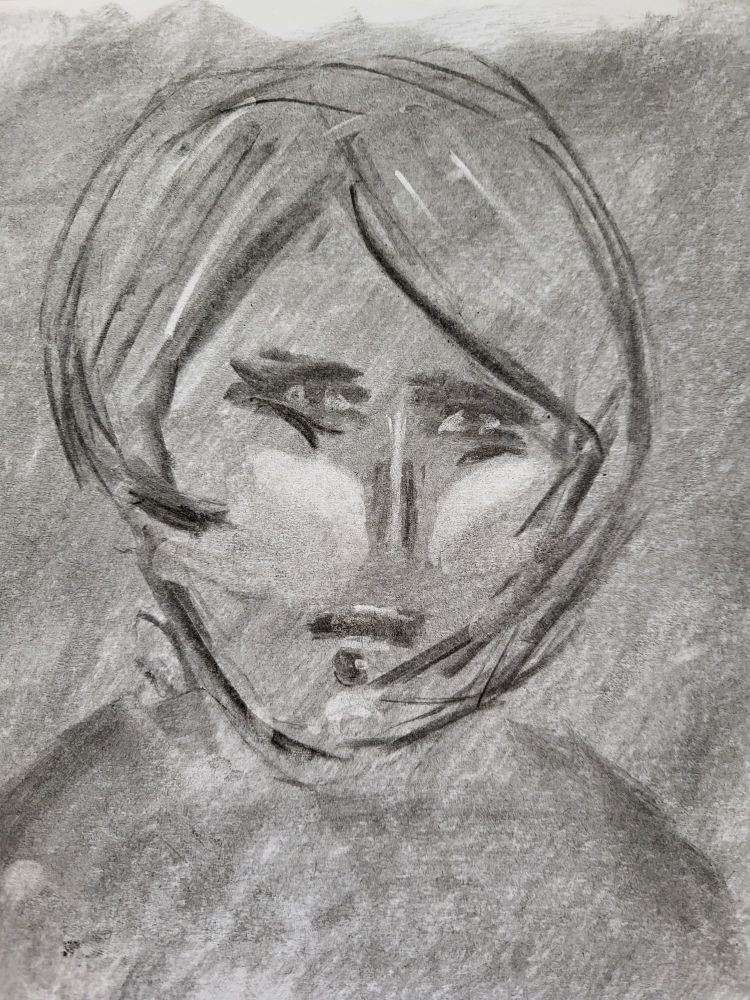 A sinple sketch in charcoal, a girl with short hair and sad eyes.