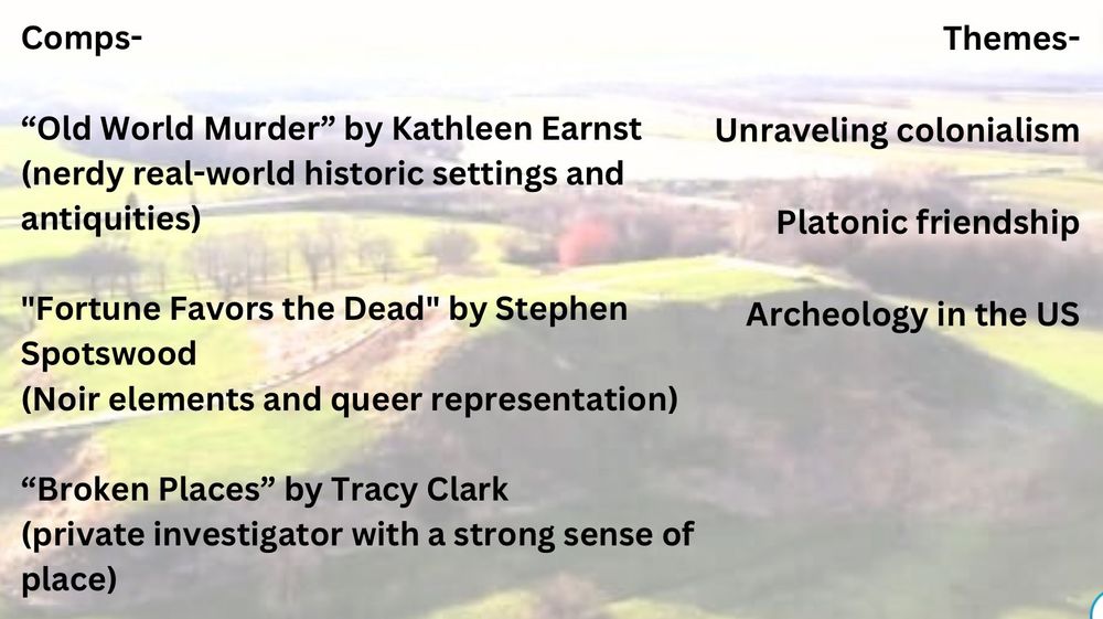 Over a backdrop of Monks Mound.

Comps-

"Old World Murder" by Kathleen Earnst (nerdy real-world historic settings and antiquities)

"Fortune Favors the Dead" by Stephen Spotswood
(Noir elements and queer representation)

“Broken Places” by Tracy Clark
(private investigator with a strong sense of place)

Themes-

Unraveling colonialism

Platonic friendship

Archeology in the US