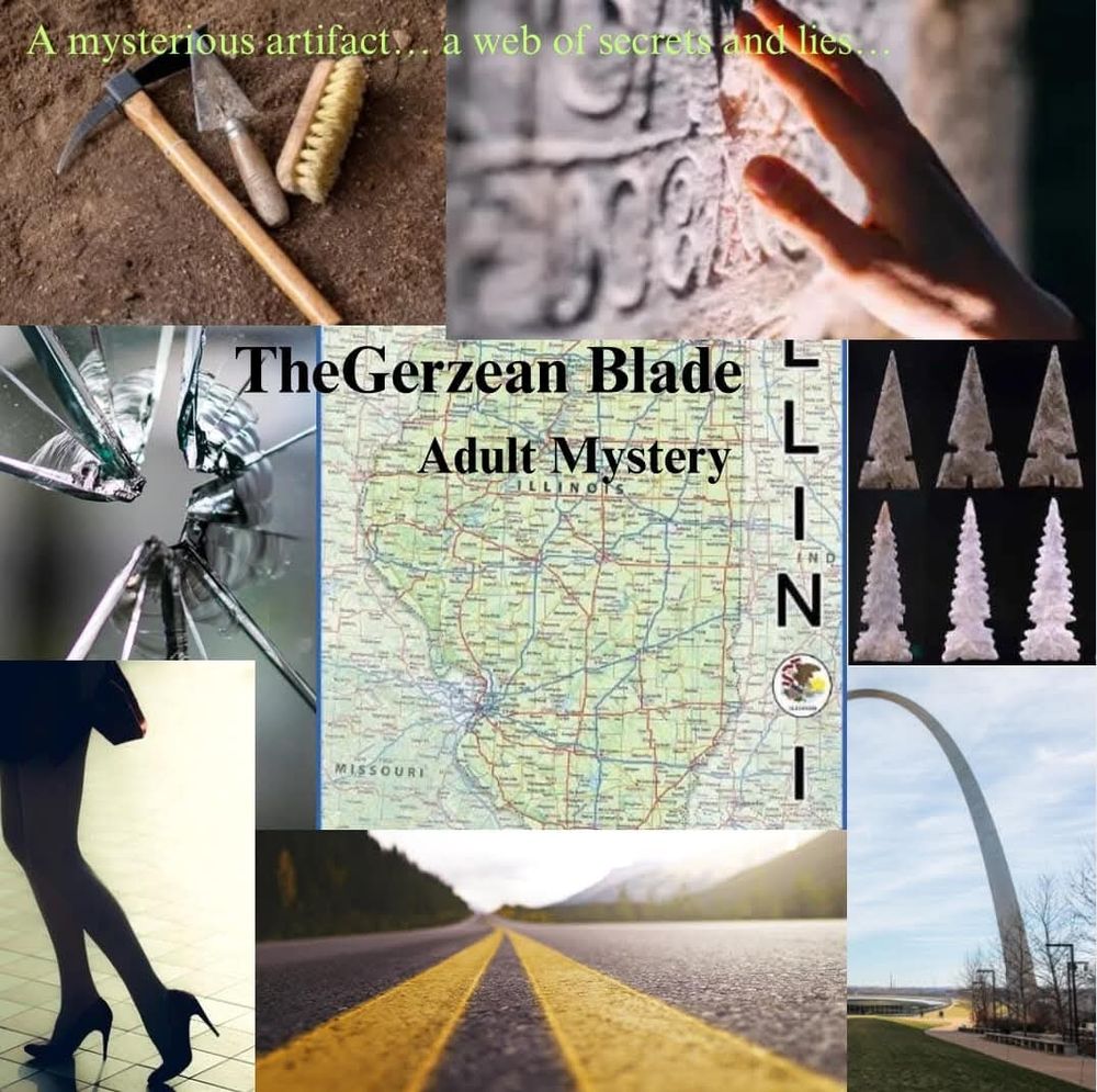Moodboard for The Gerzean Blade, Adult Mystery "A mysterious artifact... a web of secrets and lies..."
A pickaxe and other tools lying in the dirt, a hand tracing over a stone wall marked with glyphs, a piece of broken glass, a map of Illinois, a series of beautiful arrowheads, a silhouette of a woman running in heals, a long road, the St Louis Arch.