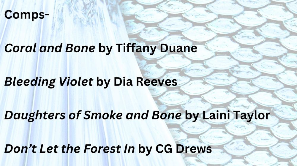 Text over a lightened turquoise scale and fin motif, like a mermaid’s tail-
“Coral and Bone” by Tiffany Duane
“Bleeding Violet” by Dia Reeves
“Daughters of Smoke and Bone” by Laini Taylor
“Don’t Let the Forest In” by CG Drews