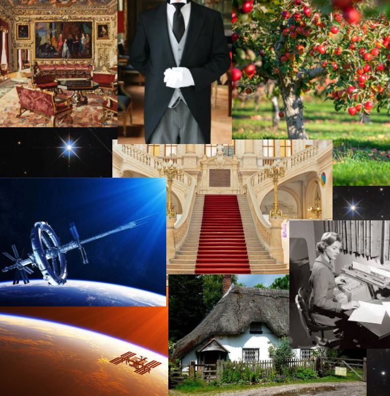 A boroque styled sitting room, a butler’s uniform, an apple tree, a circular space station orbiting a planet, a grand staircase, a serious secretary, a quaint thatched-roof cottage