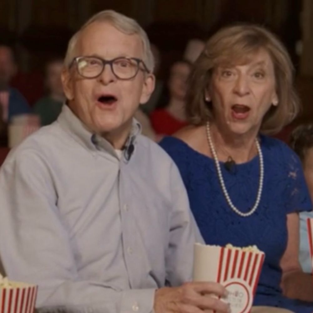 Mike and Fran DeWine both in excited shock at the idea of motion pictures. 