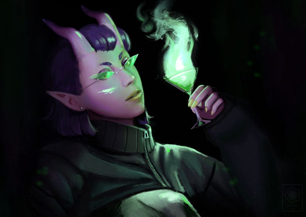 A purple tiefling with short, dark purple hair holds a martini glass with green fire inside it