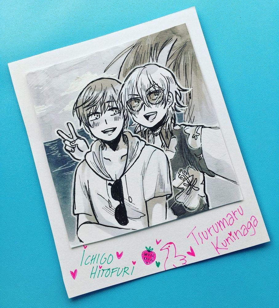 Fake polaroid selfie style traditional artwork of Tsurumaru Kuninaga and Ichigo Hitofuri wearing casual summer clothing at the beach. 