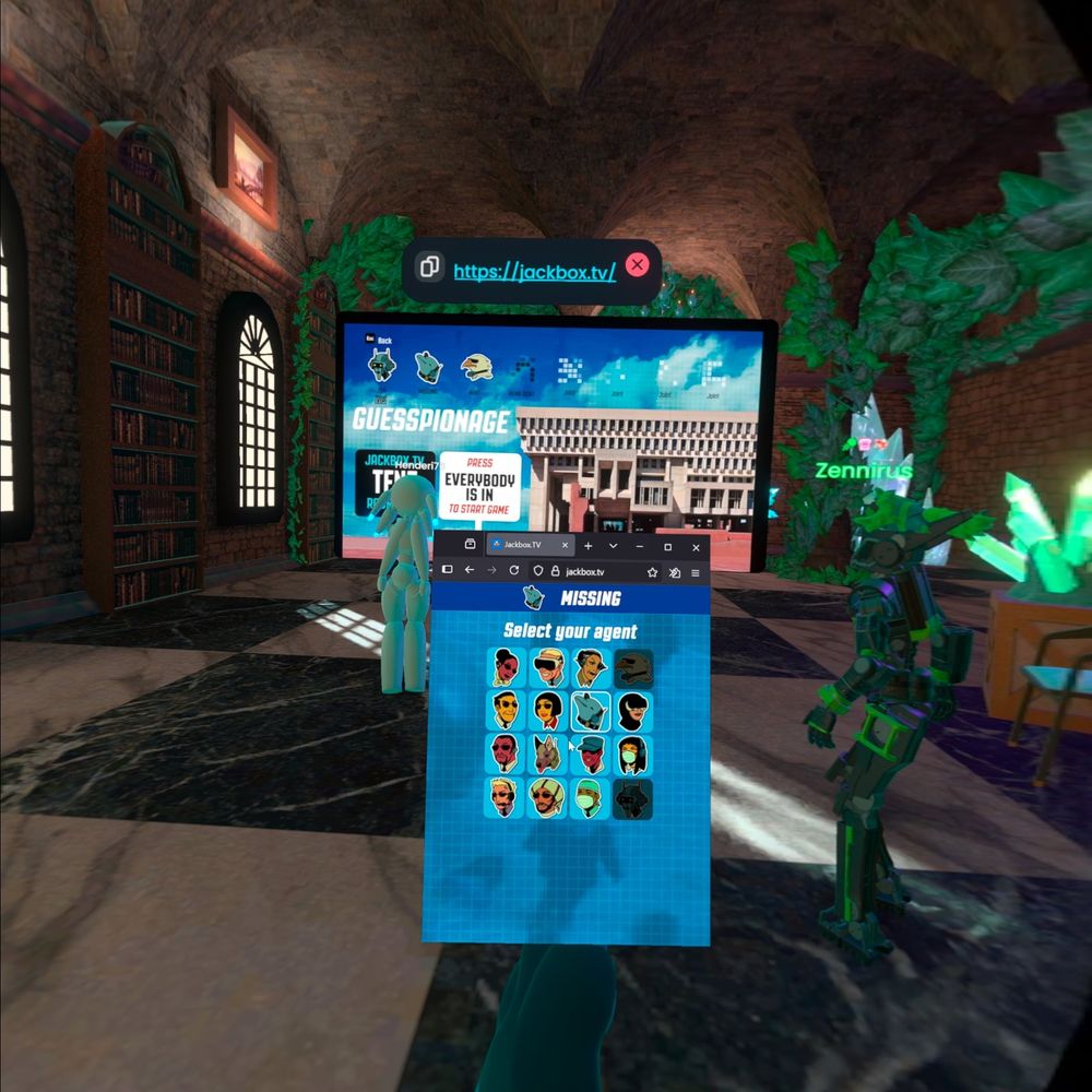 A Jackbox game setup inside the social VR game Resonite. Both a livestream player and a browser window to play with are visible